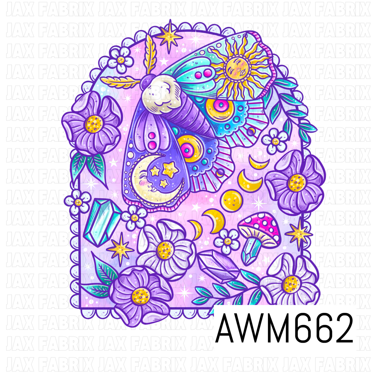 A whimsical celestial moth PNG featuring an ornate moth with detailed sun and moon accents, surrounded by purple flowers, sparkling crystals, crescent moons, stars, leafy branches and a tiny mushroom. Lavender and purple tones are paired with turquoise and golden yellow on a soft pink background.