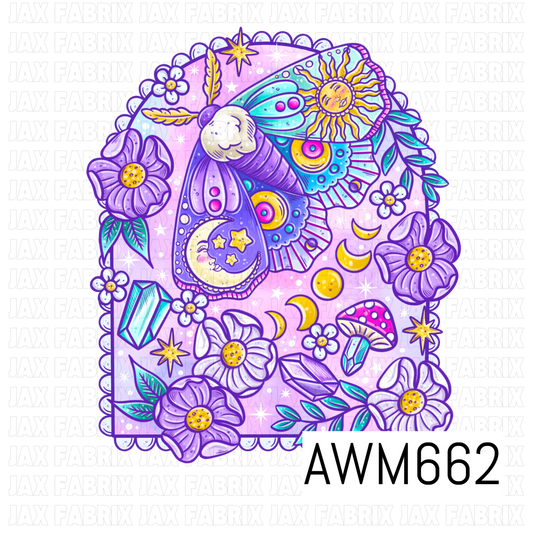 A whimsical celestial moth PNG featuring an ornate moth with detailed sun and moon accents, surrounded by purple flowers, sparkling crystals, crescent moons, stars, leafy branches and a tiny mushroom. Lavender and purple tones are paired with turquoise and golden yellow on a soft pink background.