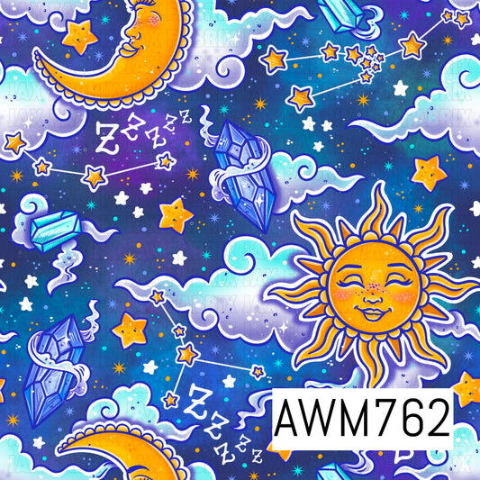 A dreamy seamless pattern featuring smiling suns, crescent moons, fluffy clouds, sparkling stars, crystal clusters, constellation accents, and whimsical celestial details in vibrant shades of golden yellow, blue, teal, white, and purple, all set against a deep midnight blue background. The magical artwork creates a cozy, celestial-inspired design with a playful, enchanting feel.