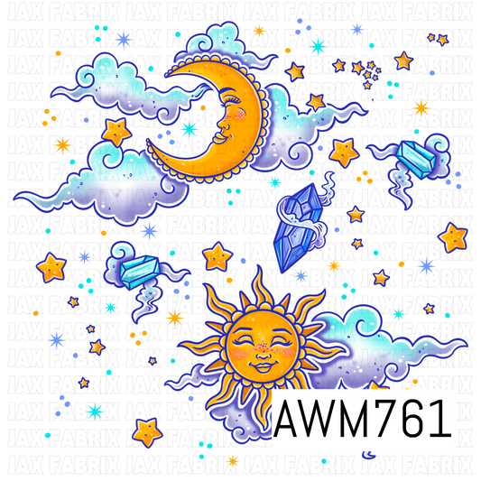A whimsical PNG featuring smiling suns, crescent moons, fluffy clouds, sparkling stars, crystal clusters, constellation accents, and celestial details in vibrant shades of golden yellow, blue, teal, white, and purple. Perfect for custom apparel, bags, stickers, tumblers, journals, stationery, nursery décor, and other celestial-inspired handmade creations.