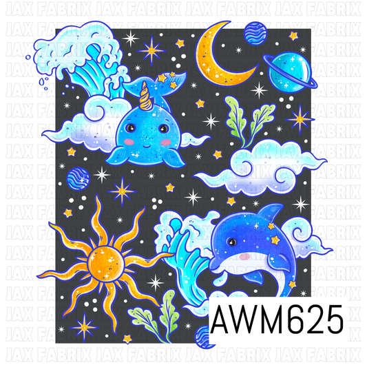 A PNG celestial ocean design featuring a sweet narwhal and whale surrounded by crashing waves, clouds, a crescent moon, sun, planets and sparkling stars. Bright aqua, royal blue and golden yellow stand out against the dark charcoal background.