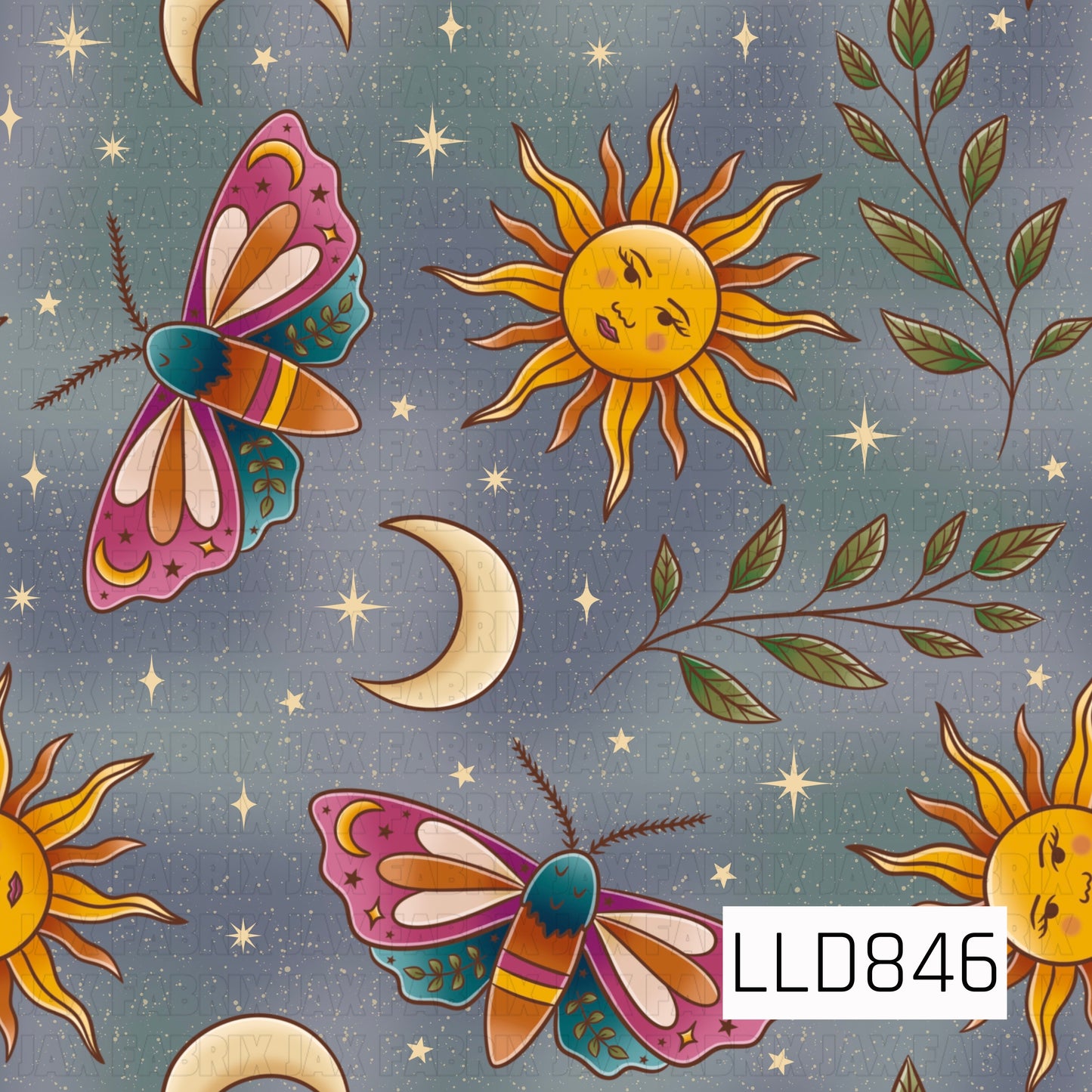 A seamless celestial pattern featuring golden suns with faces, crescent moons, whimsical moths, leafy branches, and scattered stars on a soft gray watercolor background.
