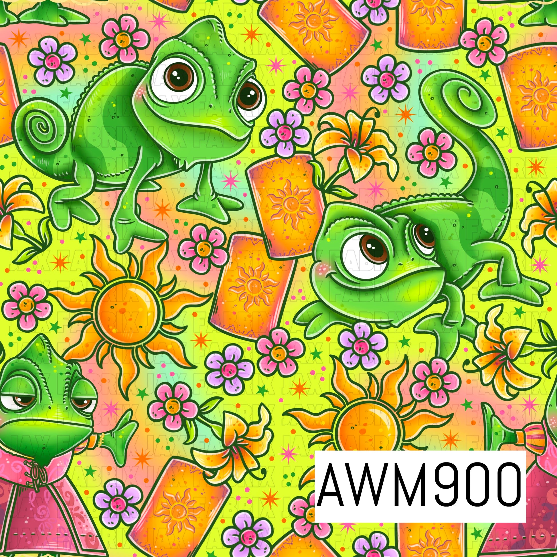 Whimsical tangled-themed seamless pattern featuring adorable green chameleons, glowing lanterns, radiant suns, colorful wildflowers, and sparkling stars. Inspired by a fairytale garden aesthetic, this playful design is filled with vibrant shades of green, yellow, pink, and orange on a bright pastel background, creating a cheerful and magical repeating pattern perfect for princess, fantasy, and storybook-themed projects.