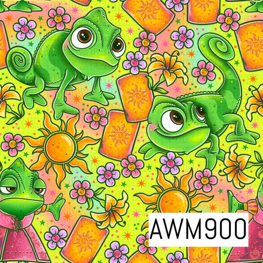 Whimsical tangled-themed seamless pattern featuring adorable green chameleons, glowing lanterns, radiant suns, colorful wildflowers, and sparkling stars. Inspired by a fairytale garden aesthetic, this playful design is filled with vibrant shades of green, yellow, pink, and orange on a bright pastel background, creating a cheerful and magical repeating pattern perfect for princess, fantasy, and storybook-themed projects.