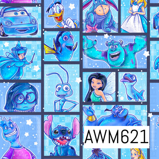 A vibrant blue seamless design featuring a collage of whimsical character-inspired favorites in framed panels. Shades of aqua, turquoise, royal blue and navy are accented with pops of purple and yellow, plus scattered stars and sparkles.