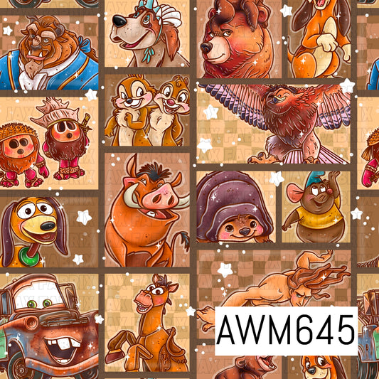 A warm, playful seamless design featuring a collage of animated-inspired animal characters in framed portrait panels. Rich shades of brown, caramel, rust and orange are accented with pops of blue, teal and pink, plus scattered white stars and sparkles for a fun nostalgic feel.