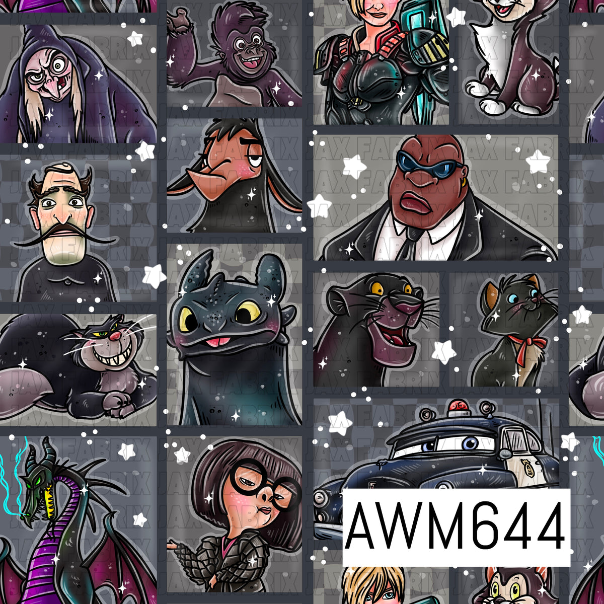 A dark seamless design featuring a collage of animated-inspired characters and creatures arranged in framed portrait panels. Moody shades of charcoal, black, gray and deep purple are accented with pops of teal, red and white, plus scattered stars and sparkles for a playful, slightly spooky feel.