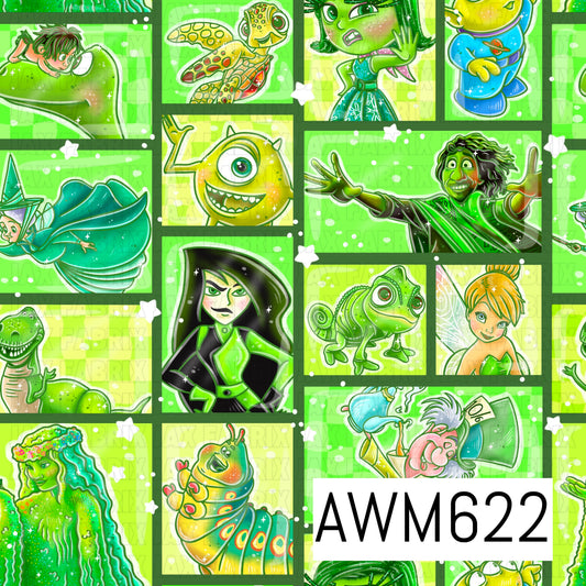 A vibrant green seamless design featuring a collage of whimsical character-inspired favorites in framed panels. Bright lime, emerald and teal tones are mixed with pops of yellow and blue, finished with scattered stars and sparkles.