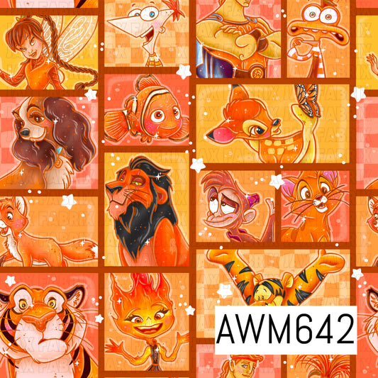 A vibrant seamless design featuring a collage of animated-inspired characters arranged in framed portrait panels. Warm shades of orange, coral, peach and golden yellow fill the design, accented with deeper browns, black details and scattered white stars and sparkles.