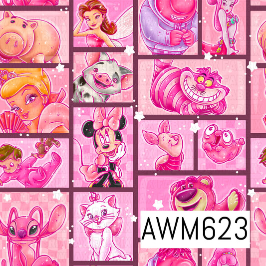 A playful pink seamless design featuring a collage of whimsical character-inspired favorites in framed panels. Shades of blush, hot pink, coral and burgundy are accented with scattered stars and sparkles for a fun monochromatic look.