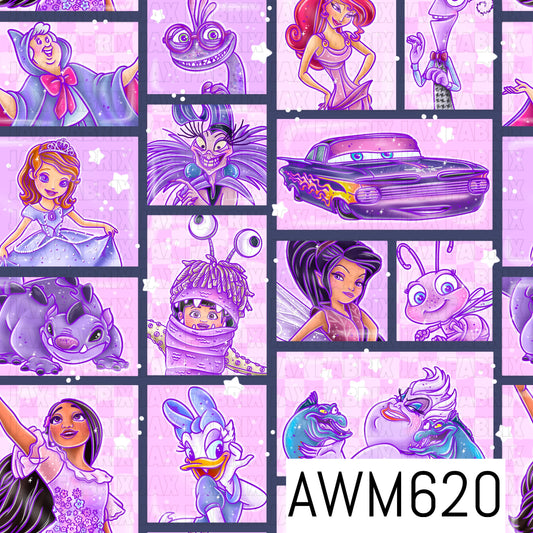 A vibrant purple seamless design featuring a collage of whimsical character-inspired favorites in framed panels. Shades of lavender, violet, pink and deep purple are accented with pops of blue and yellow, plus scattered stars and sparkles.