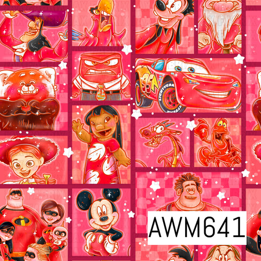 A bold seamless design featuring a collage of animated-inspired characters arranged in framed portrait panels. Vibrant shades of red, hot pink, coral and orange dominate the design, accented with white stars, sparkles and playful pops of contrasting color.