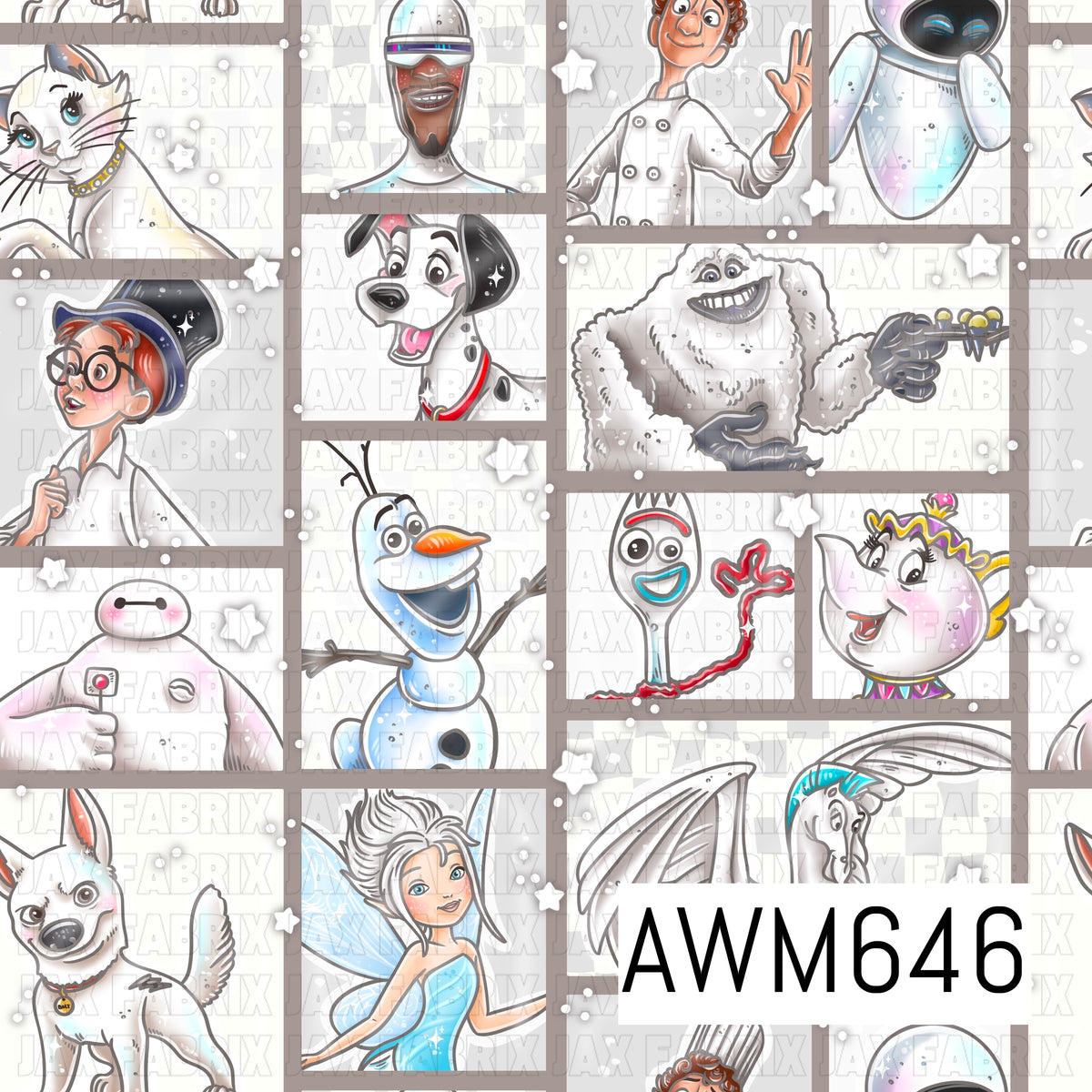 A light, whimsical seamless design featuring a collage of beloved animated-inspired characters framed in soft neutral panels. Cream, white and warm taupe tones are accented with touches of icy blue, pink, red and aqua, plus scattered white stars and sparkles for a bright, playful feel.