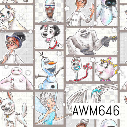 A light, whimsical seamless design featuring a collage of beloved animated-inspired characters framed in soft neutral panels. Cream, white and warm taupe tones are accented with touches of icy blue, pink, red and aqua, plus scattered white stars and sparkles for a bright, playful feel.