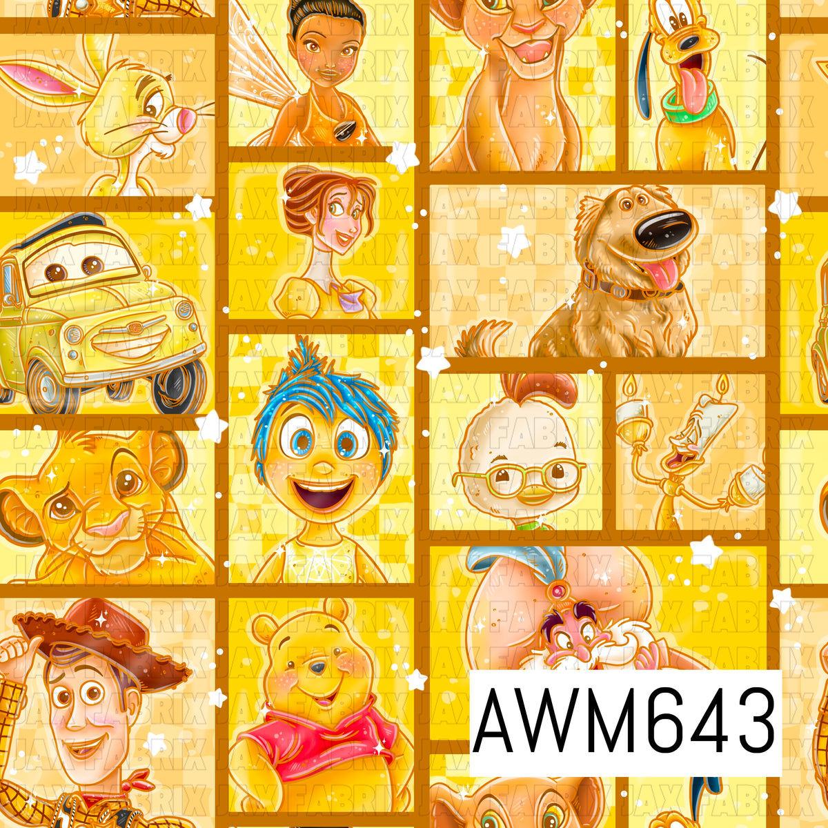A bright, cheerful seamless design featuring a collage of animated-inspired characters arranged in framed portrait panels. Sunny shades of yellow, gold and orange are accented with touches of blue, pink and red, while scattered white stars and sparkles add a playful finish.