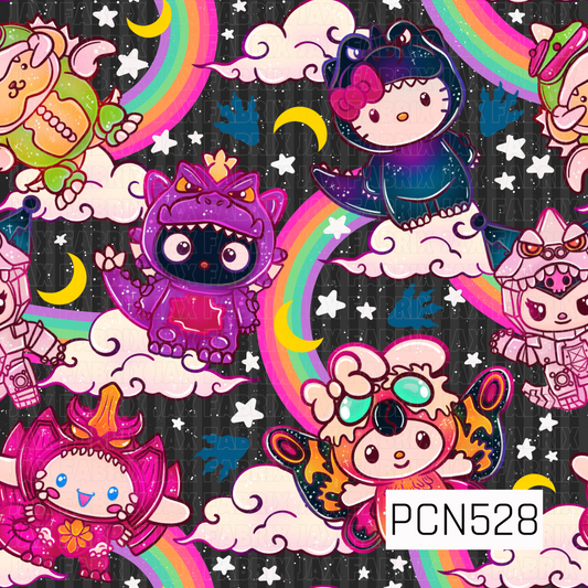 A colorful kawaii pattern featuring cute characters dressed in playful monster costumes, surrounded by bright rainbows, fluffy clouds, crescent moons, and stars on a charcoal striped background.
