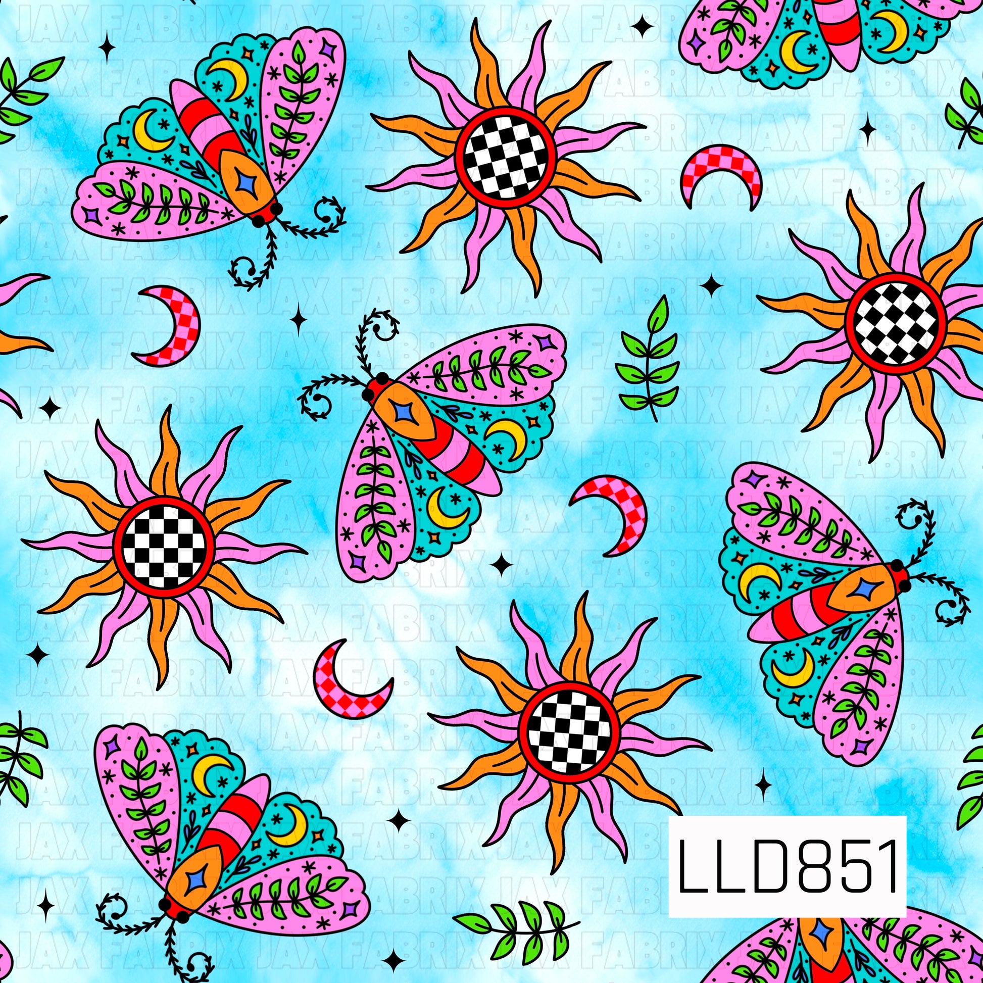 A whimsical celestial seamless pattern featuring colorful moths, checkerboard-centered suns, pink checkerboard crescent moons, leafy sprigs, and scattered black stars on a bright sky blue watercolor background.
