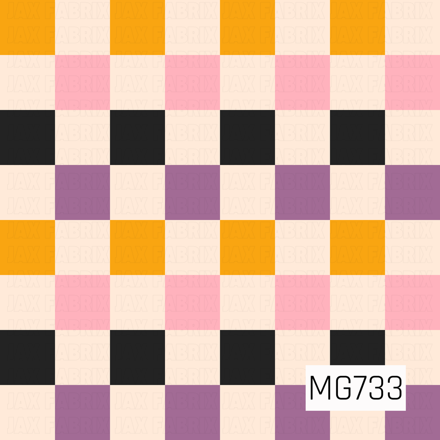 A bold oversized checkered pattern in **pumpkin orange, bubblegum pink, muted purple, black, and warm cream**. The alternating blocks create a playful retro Halloween look with a softer, girly color palette.

