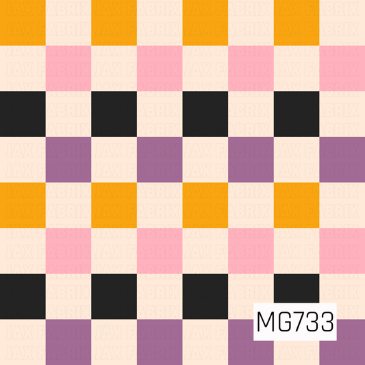 A bold oversized checkered pattern in **pumpkin orange, bubblegum pink, muted purple, black, and warm cream**. The alternating blocks create a playful retro Halloween look with a softer, girly color palette.
