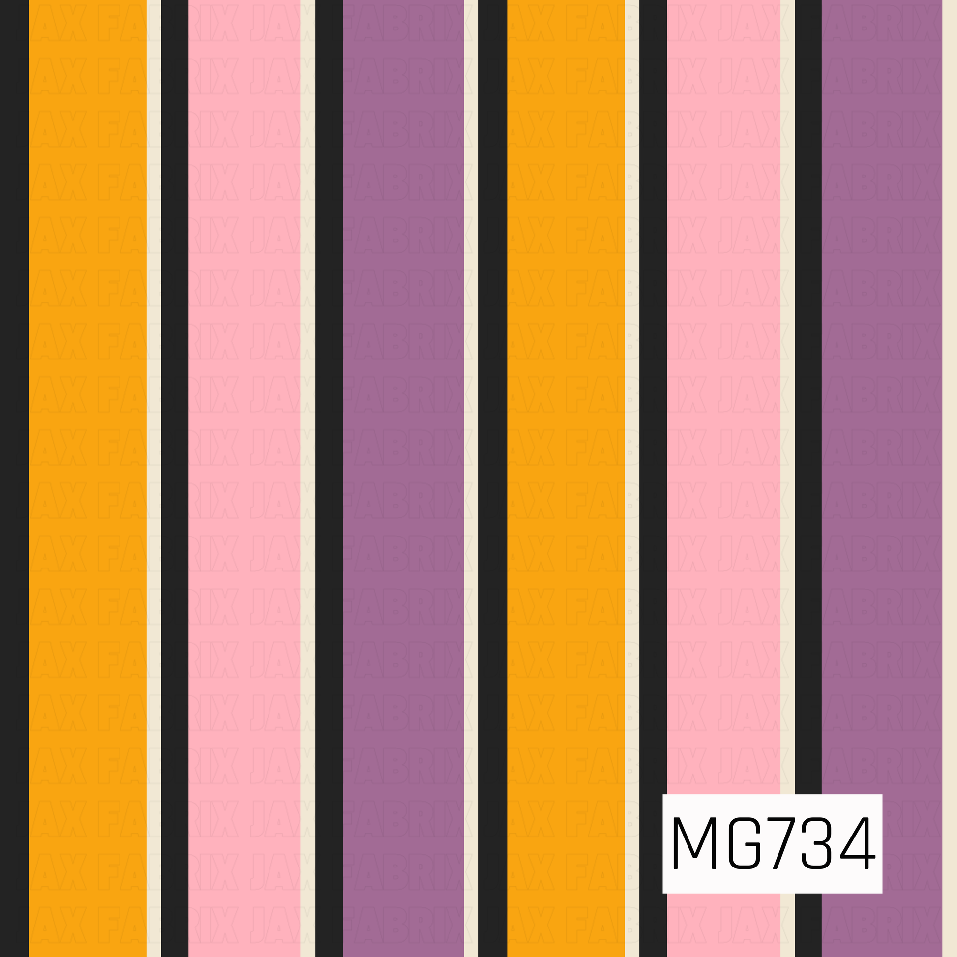 A bold vertical stripe pattern featuring pumpkin orange, bubblegum pink, muted purple, black, and warm cream**. The varying stripe widths give it a fun retro feel while keeping the playful Halloween color palette.
