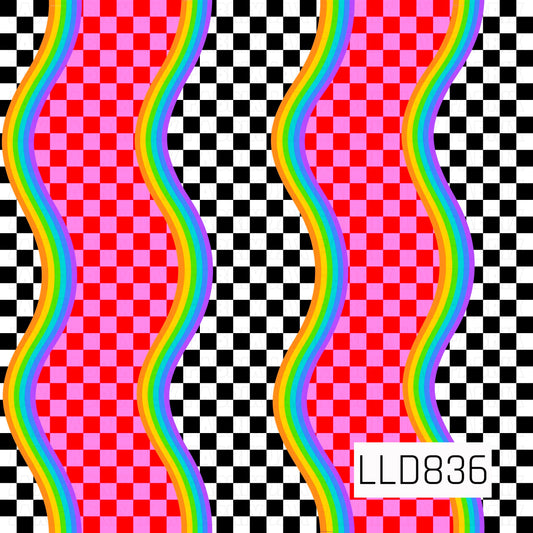 A seamless pattern featuring wavy rainbow stripes layered over alternating black and white and pink and red checkerboard panels for a bold, retro-inspired design.

