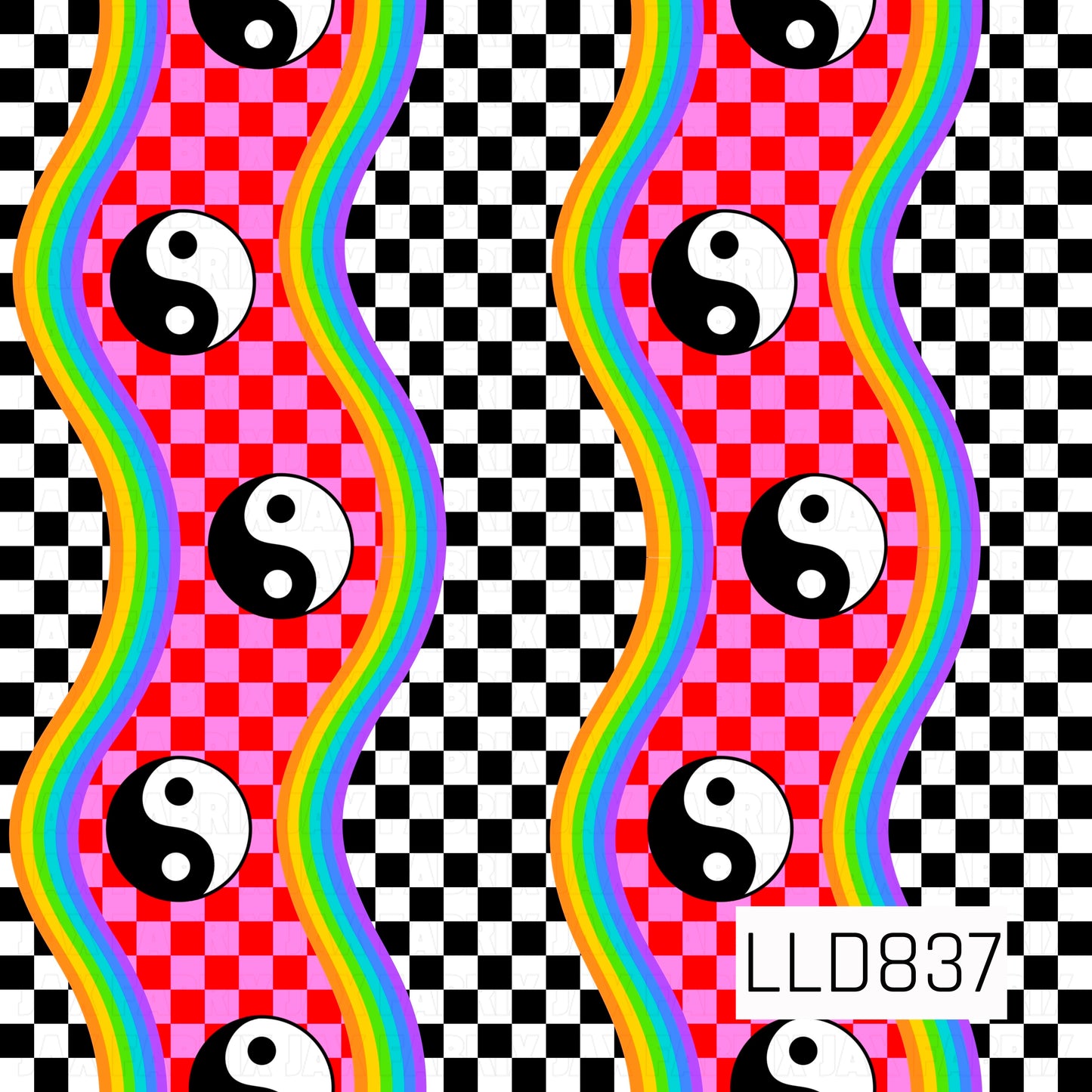 A seamless pattern featuring black and white yin-yang symbols over pink and red checkerboard panels, separated by wavy rainbow stripes and alternating with black and white checkerboard columns for a bold retro look.
