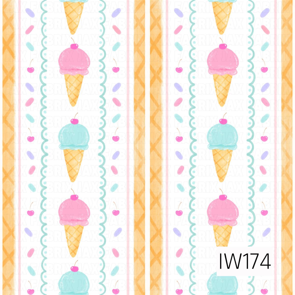 A whimsical ice cream stripe pattern featuring alternating pink and aqua blue scoops topped with bright pink cherries, nestled in golden waffle cones. Vertical rows of ice cream cones are framed by delicate aqua scalloped borders, colorful pastel sprinkles, tiny cherries, and warm golden waffle-patterned stripes. The soft watercolor texture and playful pastel colors create a sweet, vintage-inspired design.