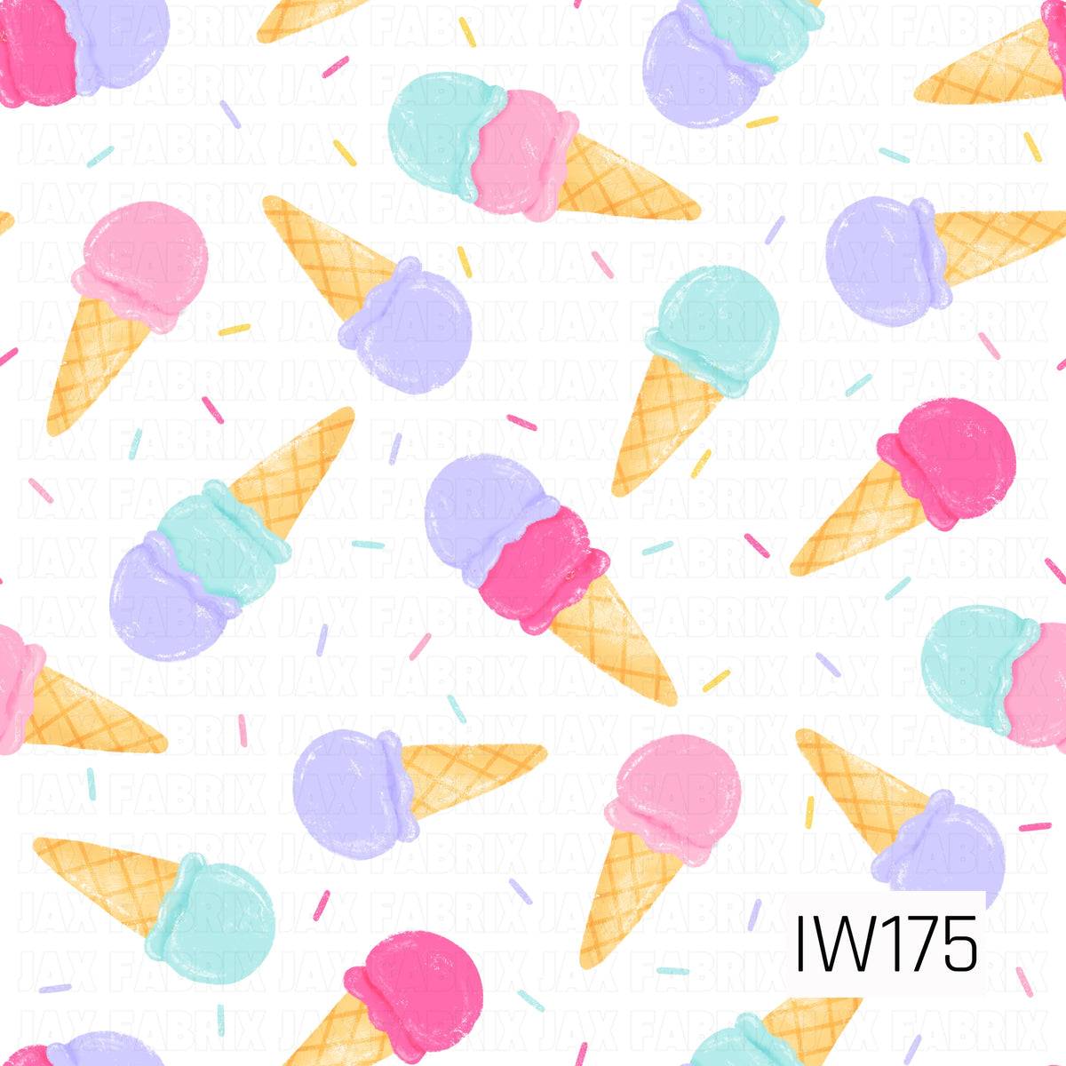 A playful ice cream pattern featuring scattered waffle cones topped with colorful scoops in bubblegum pink, bright fuchsia, lavender purple, and aqua blue. The cones are arranged at varying angles, with some featuring single scoops and others double scoops. Tiny pastel sprinkles in pink, yellow, lavender, and aqua are scattered throughout the white background, while a soft, textured watercolor finish adds a whimsical, hand-painted feel.