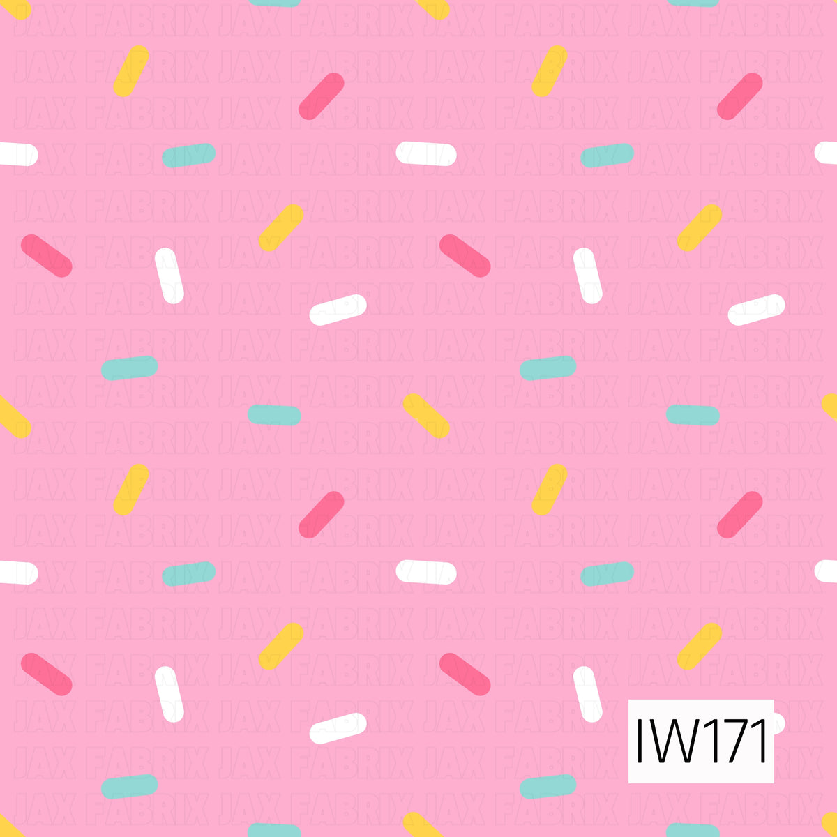 A playful sprinkle pattern featuring scattered rounded dashes in bright yellow, hot pink, mint green, and white against a cheerful bubblegum pink background. The colorful sprinkles are arranged at varying angles, creating a fun, whimsical design perfect for birthday celebrations and sweet-themed projects.