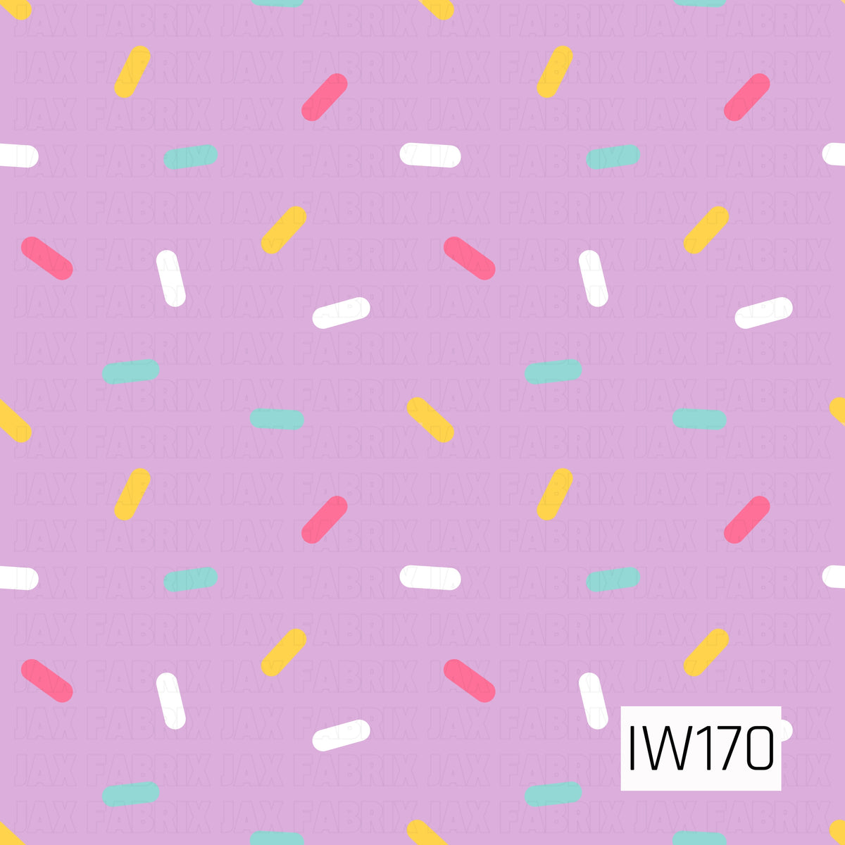 A playful sprinkle pattern featuring scattered rounded dashes in bright yellow, hot pink, mint green, and white against a soft lavender purple background. The colorful sprinkles are arranged at varying angles, creating a cheerful, whimsical design with a fun birthday-inspired feel.