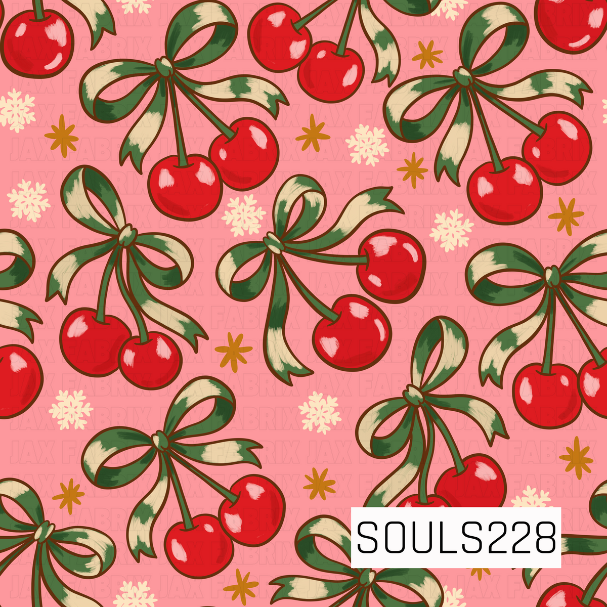 A whimsical retro Christmas pattern featuring glossy red cherry pairs hanging from long stems and tied with oversized striped bows in deep forest green and warm cream. The cherries have hand-drawn highlights and slightly imperfect detailing for a vintage illustrated look. Cream snowflakes and warm golden starbursts are scattered throughout the soft pink background, adding a festive touch while keeping the design playful, colorful, and nostalgic.