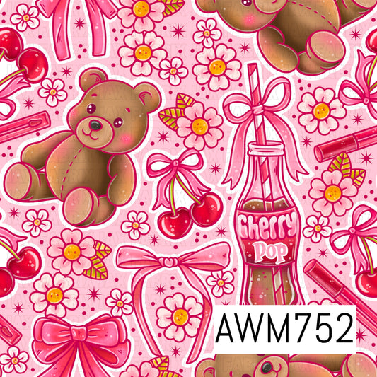 This charming seamless pattern features adorable teddy bears, cherries, pink bows, cherry soda bottles, blooming flowers, and playful sparkles scattered across a soft light pink background. Bright shades of pink, cherry red, and warm brown create a sweet, nostalgic aesthetic with whimsical hand-drawn details.