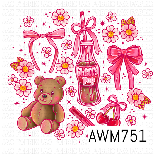 This adorable PNG features a sweet teddy bear, pink bows, a cherry soda bottle, cherries, blooming flowers, and playful sparkles in bright shades of pink, cherry red, and warm brown. Perfect for creating stickers, sublimation designs, apparel, tumblers, planners, stationery, and other cute retro-inspired crafts.