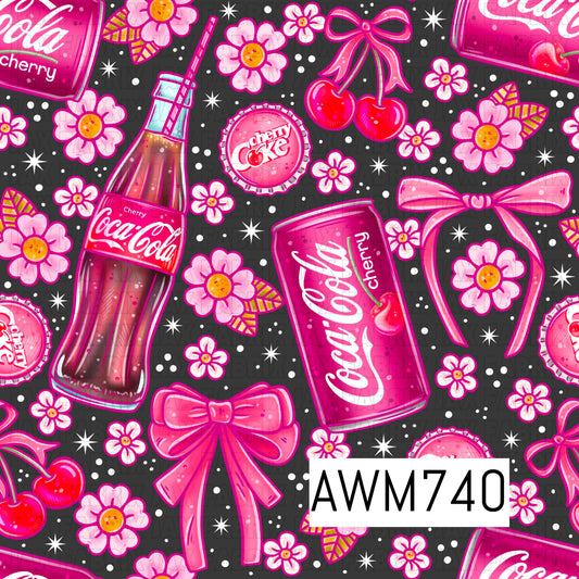This sweet seamless pattern features cherry soda bottles and cans, cherries, pink bows, blooming flowers, bottle caps, and sparkling stars scattered across a charcoal gray background. Bright shades of pink, cherry red, white, and gray create a fun retro-inspired aesthetic with playful vintage details.
