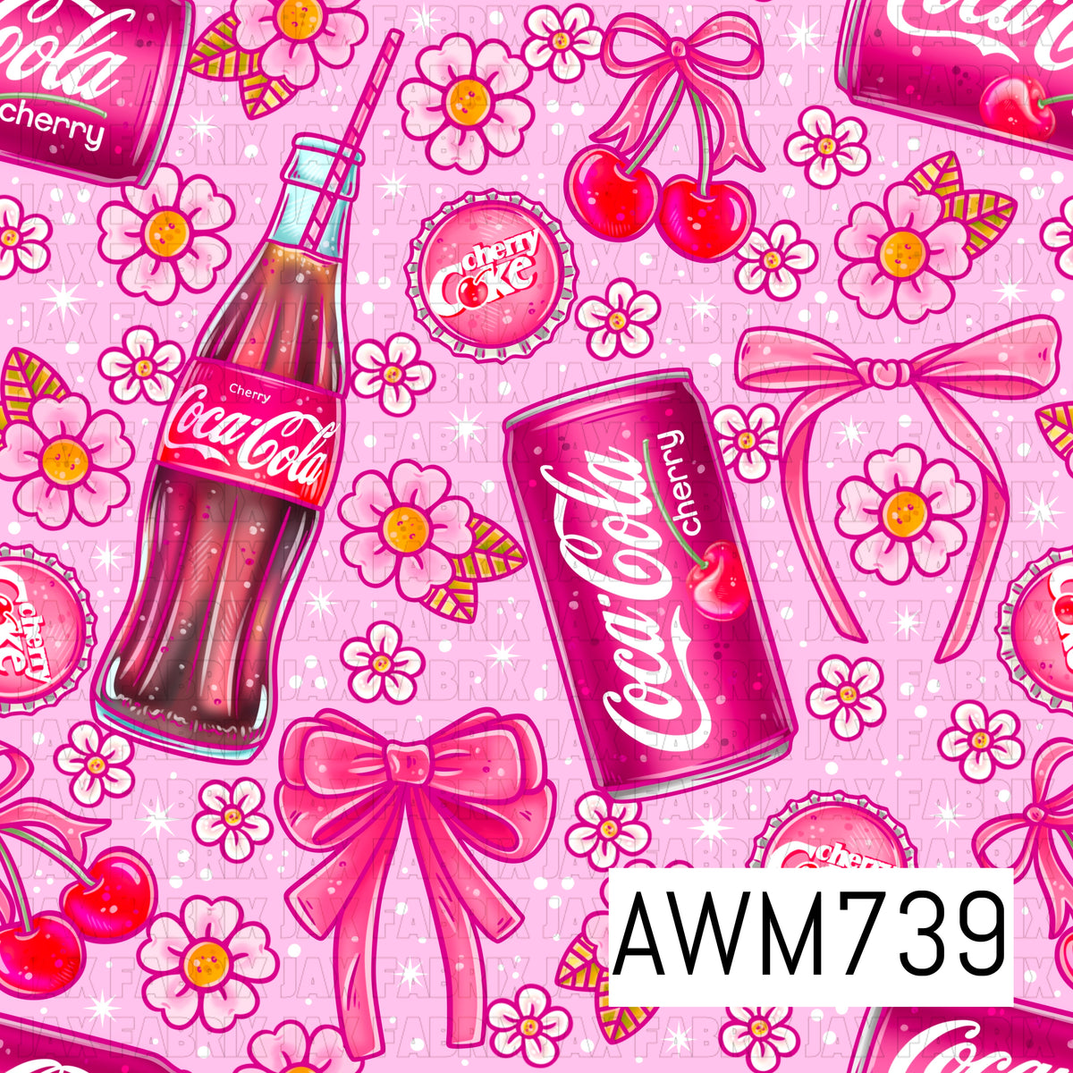 This sweet seamless pattern features cherry soda bottles and cans, juicy cherries, pink bows, blooming flowers, bottle caps, and sparkling stars scattered across a soft light pink background. Bright shades of pink, cherry red, white, and magenta create a fun retro-inspired aesthetic with playful vintage details.