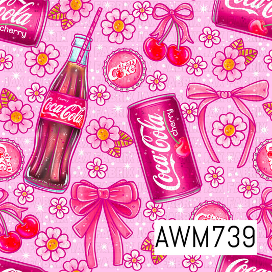 This sweet seamless pattern features cherry soda bottles and cans, juicy cherries, pink bows, blooming flowers, bottle caps, and sparkling stars scattered across a soft light pink background. Bright shades of pink, cherry red, white, and magenta create a fun retro-inspired aesthetic with playful vintage details.