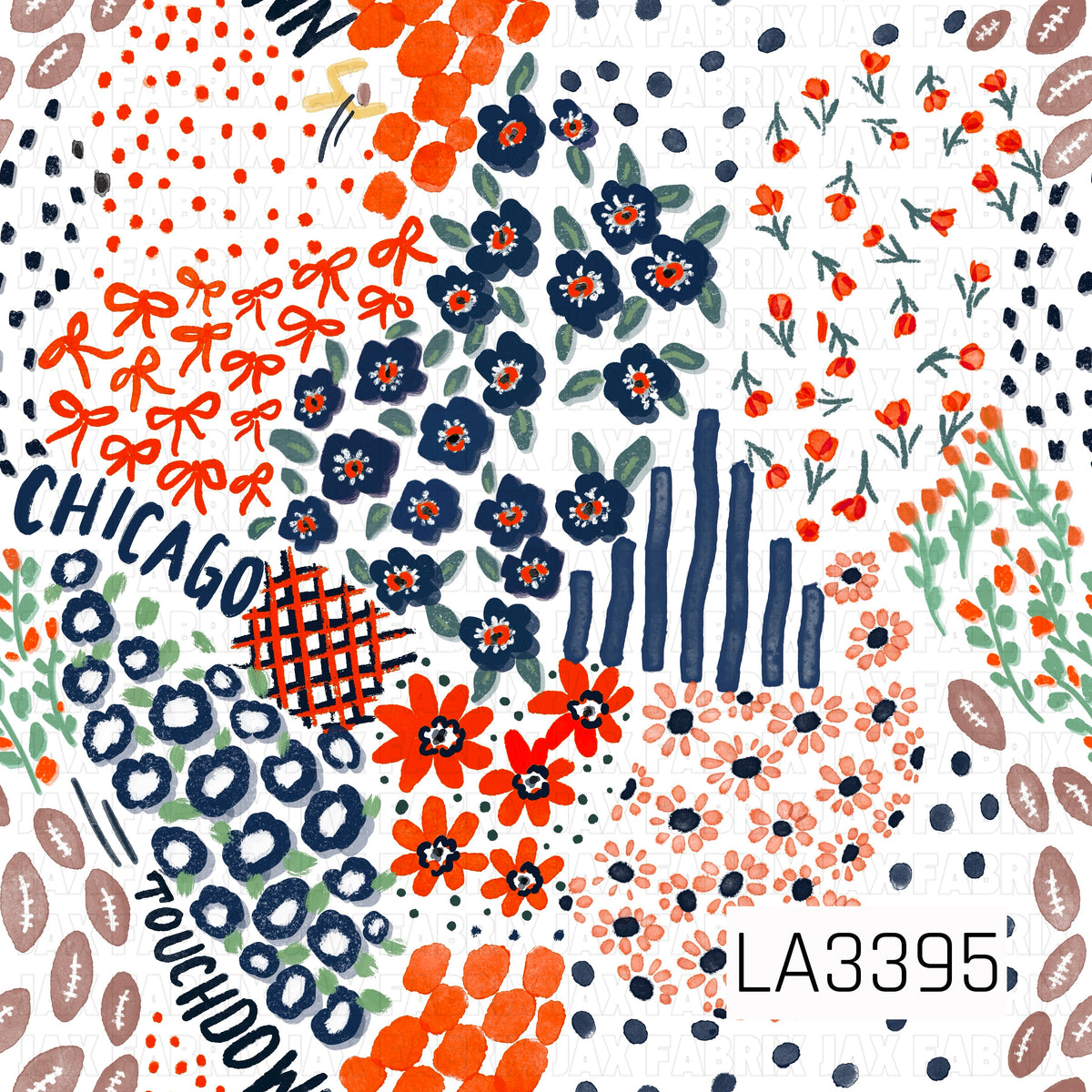 A playful Chicago football-inspired print featuring bold navy and orange with touches of soft green and white. Hand-painted florals, bows, footballs, scattered dots, stripes, plaid accents, and “Chicago” and “Touchdown” lettering give it a fun, artsy game day feel.

