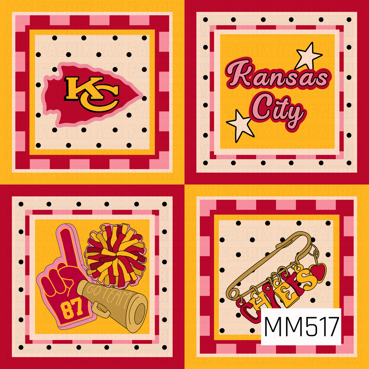 A bold and playful Kansas City Chiefs-inspired patchwork pattern featuring four large square panels in vibrant red, golden yellow, soft pink, and creamy beige. Each square is framed with a fun combination of pink and red checkerboard borders, delicate cream accents, and evenly spaced black polka dots, creating a colorful, retro-inspired quilted look. The panels showcase a variety of spirited football-themed illustrations, including a red arrowhead with the iconic gold KC logo, the words "Kansas City" in pla