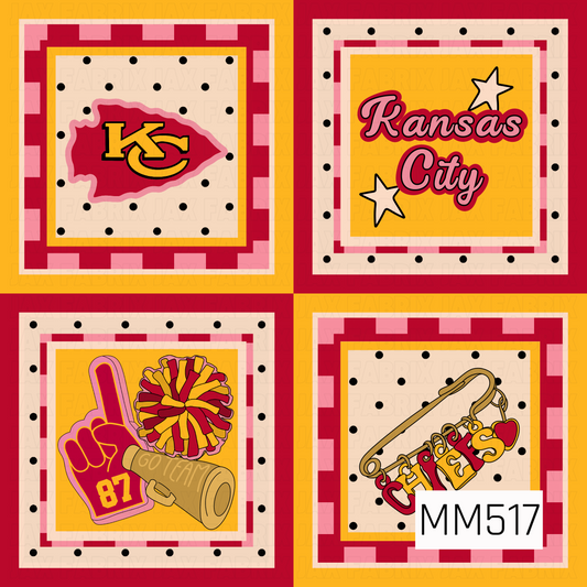 A bold and playful Kansas City Chiefs-inspired patchwork pattern featuring four large square panels in vibrant red, golden yellow, soft pink, and creamy beige. Each square is framed with a fun combination of pink and red checkerboard borders, delicate cream accents, and evenly spaced black polka dots, creating a colorful, retro-inspired quilted look. The panels showcase a variety of spirited football-themed illustrations, including a red arrowhead with the iconic gold KC logo, the words "Kansas City" in pla