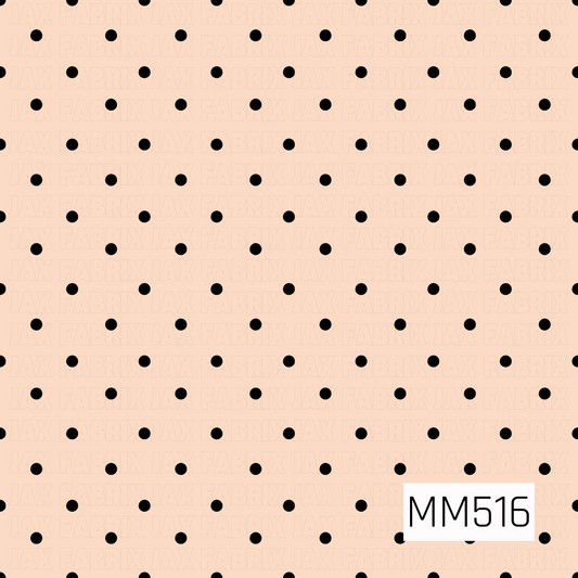 A classic and versatile polka dot pattern featuring small, solid black dots scattered evenly across a soft peachy blush background. The dots are arranged in neat, staggered rows, creating a balanced and uniform repeating design with plenty of space between each dot. The bold black dots contrast beautifully against the warm, delicate peach background, giving the pattern a clean, timeless appearance. This simple yet playful design has a sweet, modern feel with a subtle retro charm, making it perfect for coord