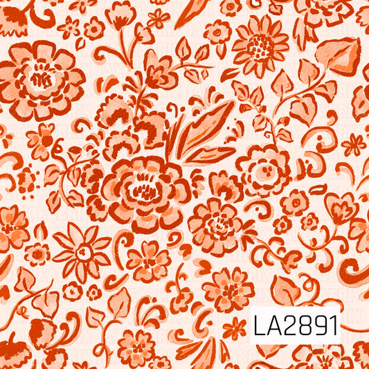 A charming hand-painted floral pattern featuring whimsical blooms, leafy vines, and delicate scrollwork in warm orange spice and soft peach tones. The sketch-style artwork creates a cozy, vintage-inspired look with a warm, autumn color palette.
