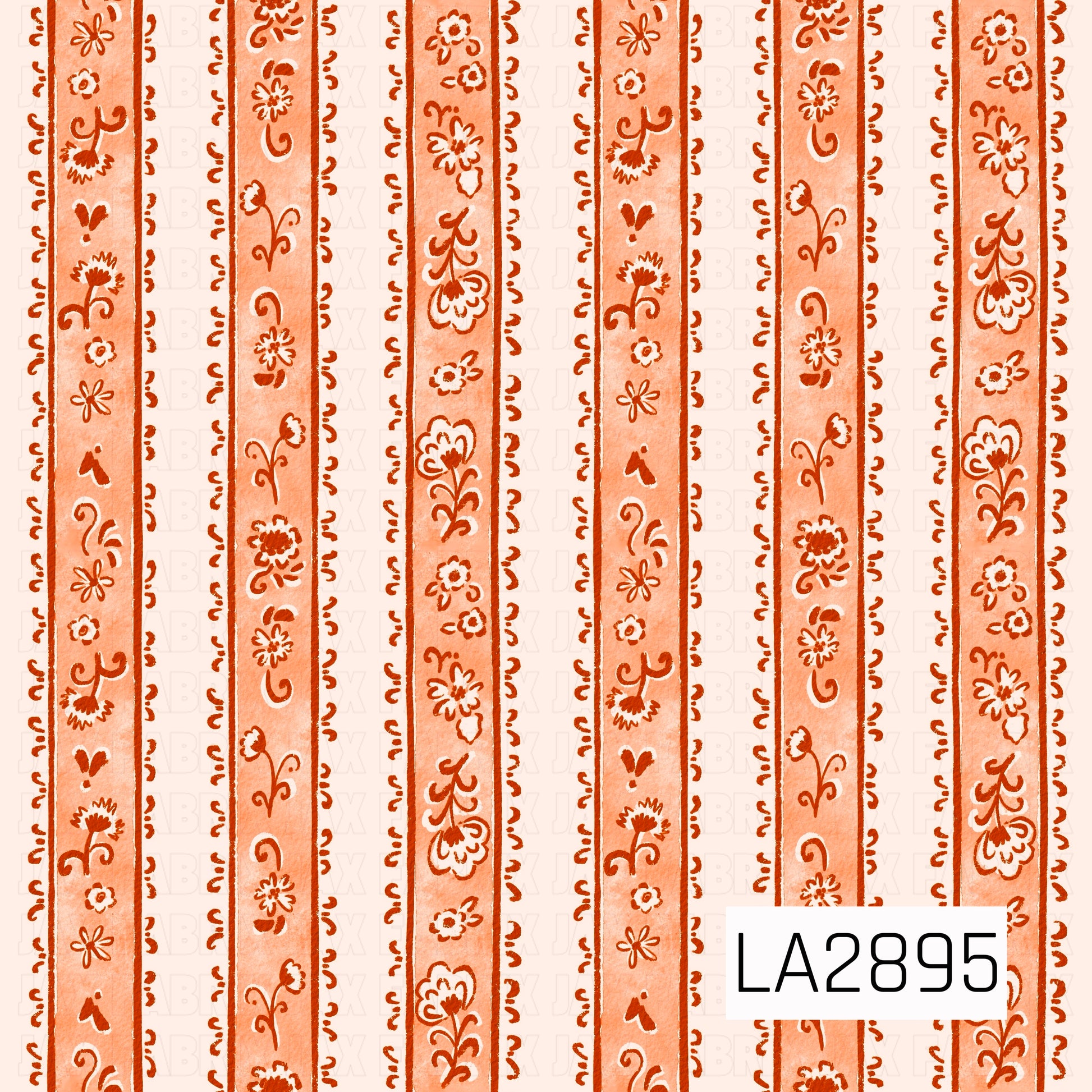 A coordinating stripe pattern featuring hand-painted floral motifs, delicate scrollwork, and whimsical botanical details in rich spice orange on soft peach stripes. The watercolor-inspired artwork gives this classic design a warm, vintage charm with an elegant autumn feel.
