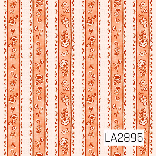 A coordinating stripe pattern featuring hand-painted floral motifs, delicate scrollwork, and whimsical botanical details in rich spice orange on soft peach stripes. The watercolor-inspired artwork gives this classic design a warm, vintage charm with an elegant autumn feel.
