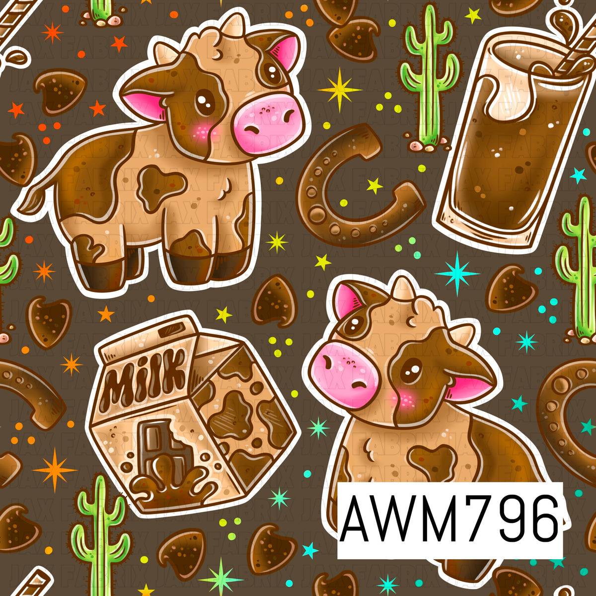 A playful seamless pattern featuring adorable brown and cream calves, chocolate milk cartons, horseshoes, cacti, cow-print hearts, and colorful starbursts on a rich brown background. This fun western-inspired design is perfect for apparel, quilts, blankets, nursery décor, bows, bags, and other country-themed sewing and crafting projects.