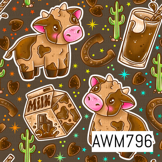 A playful seamless pattern featuring adorable brown and cream calves, chocolate milk cartons, horseshoes, cacti, cow-print hearts, and colorful starbursts on a rich brown background. This fun western-inspired design is perfect for apparel, quilts, blankets, nursery décor, bows, bags, and other country-themed sewing and crafting projects.
