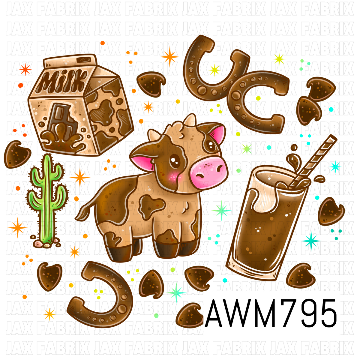 A playful PNG featuring an adorable brown and cream calf alongside chocolate milk, a milk carton, horseshoes, cacti, cow-print hearts, and colorful starbursts. This western-inspired design is perfect for children’s apparel, bows, bags, stickers, tumblers, nursery décor, and other country-themed crafting and sewing projects.