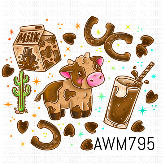 A playful PNG featuring an adorable brown and cream calf alongside chocolate milk, a milk carton, horseshoes, cacti, cow-print hearts, and colorful starbursts. This western-inspired design is perfect for children’s apparel, bows, bags, stickers, tumblers, nursery décor, and other country-themed crafting and sewing projects.