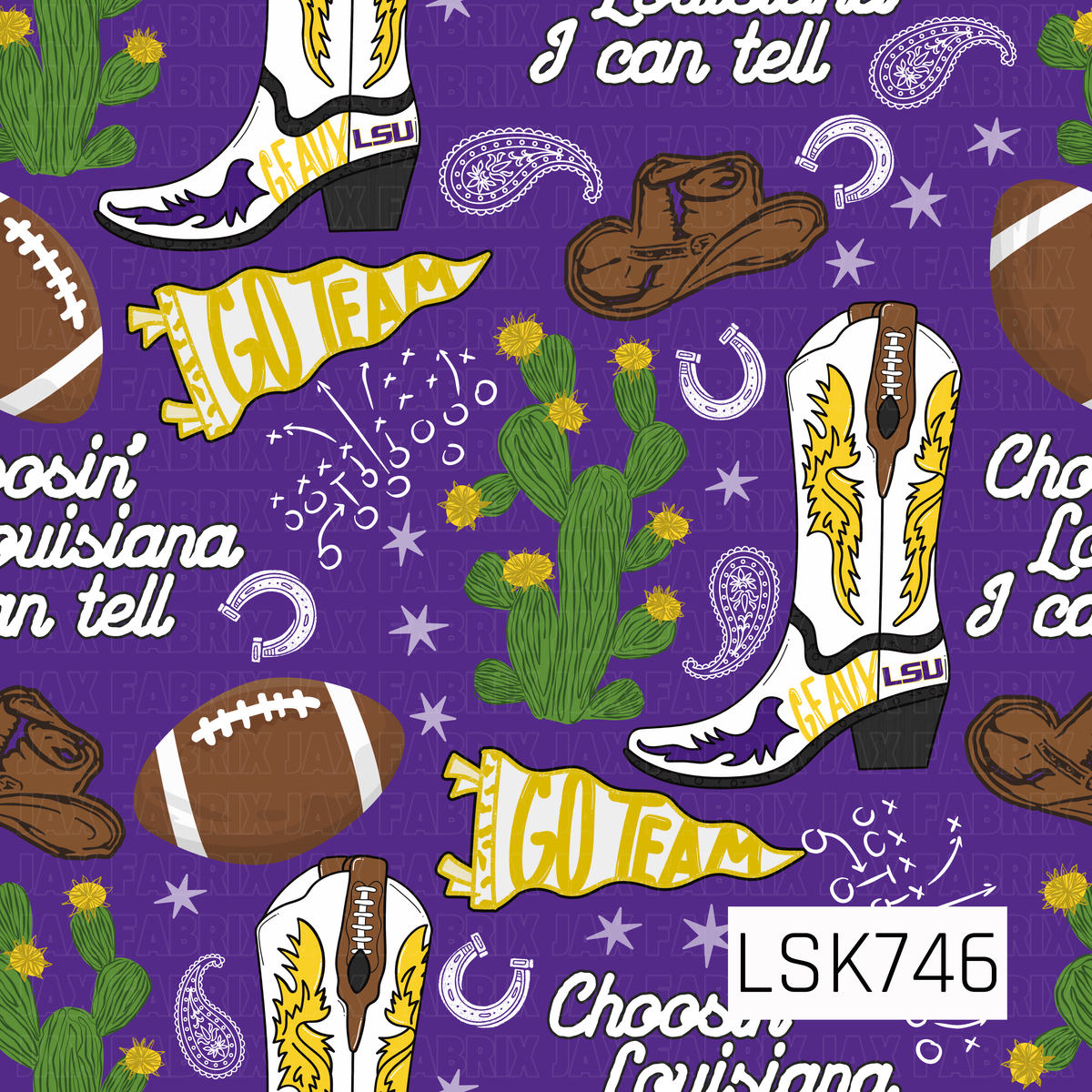 A western football print featuring cowboy boots, hats, footballs, cacti, horseshoes, paisley accents, pennants, and playbook doodles. Bold purple and gold are paired with green, brown, black, and white, with “Choosin’ Louisiana I can tell” lettering throughout.
