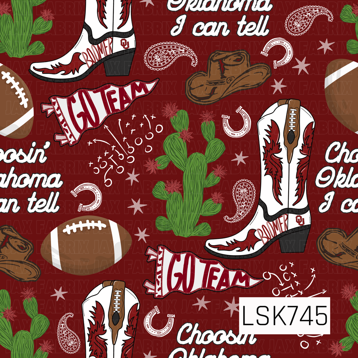 A western football print featuring cowboy boots, hats, footballs, cacti, horseshoes, paisley accents, pennants, and playbook doodles. Deep crimson, brown, green, black, and white create a bold game day palette, with “Choosin’ Oklahoma I can tell” lettering throughout.

