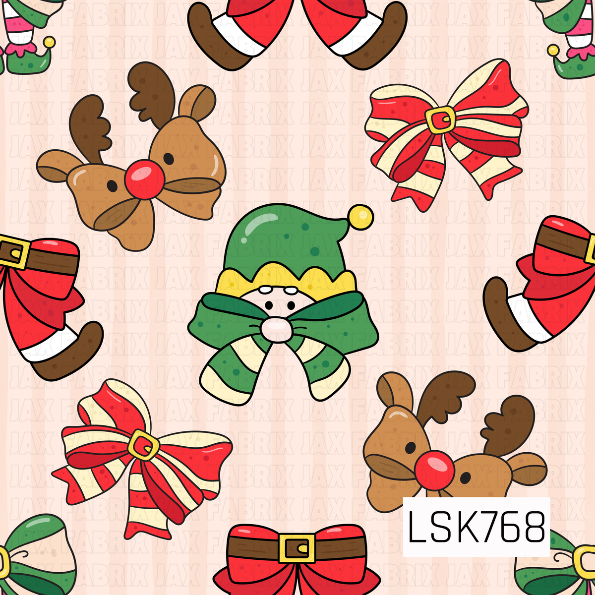 A playful Christmas bow design featuring festive bow shapes inspired by Santa, reindeer, and elves. Classic reds, greens, warm browns, and creamy neutrals come together with striped bows, jingle bells, buckles, and a bright red reindeer nose for a fun and whimsical holiday print.